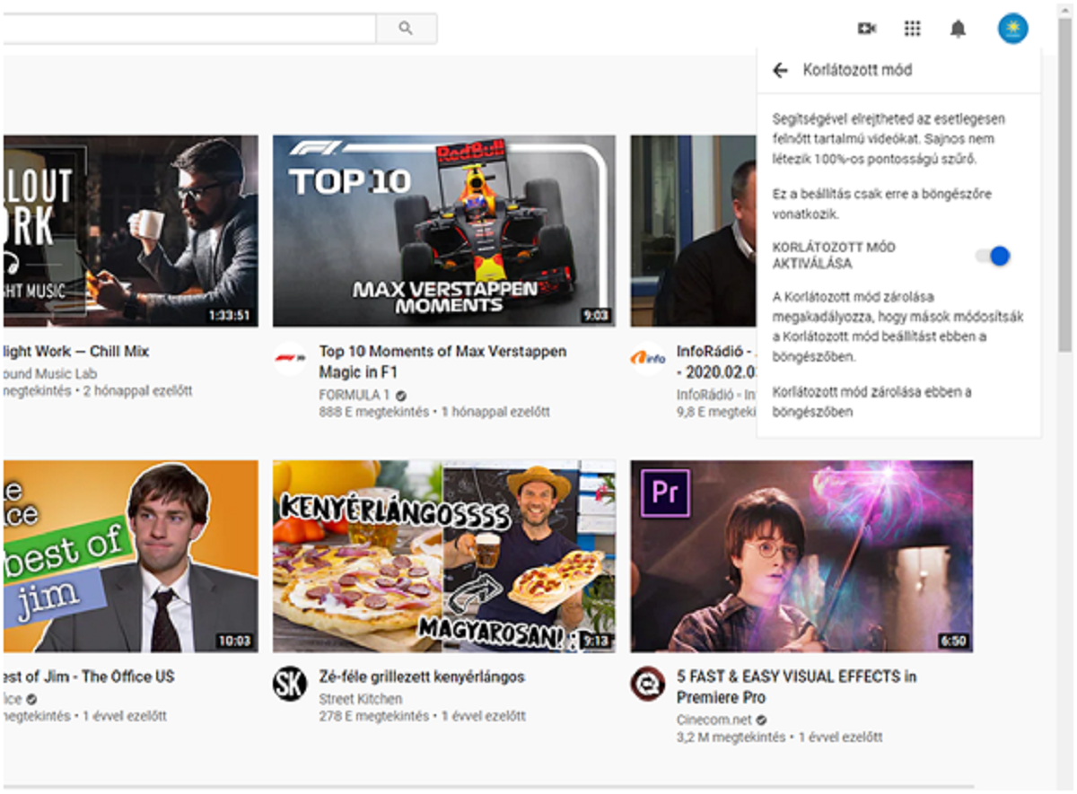 Korlátozott mód bekapcsolása a Youtube-on