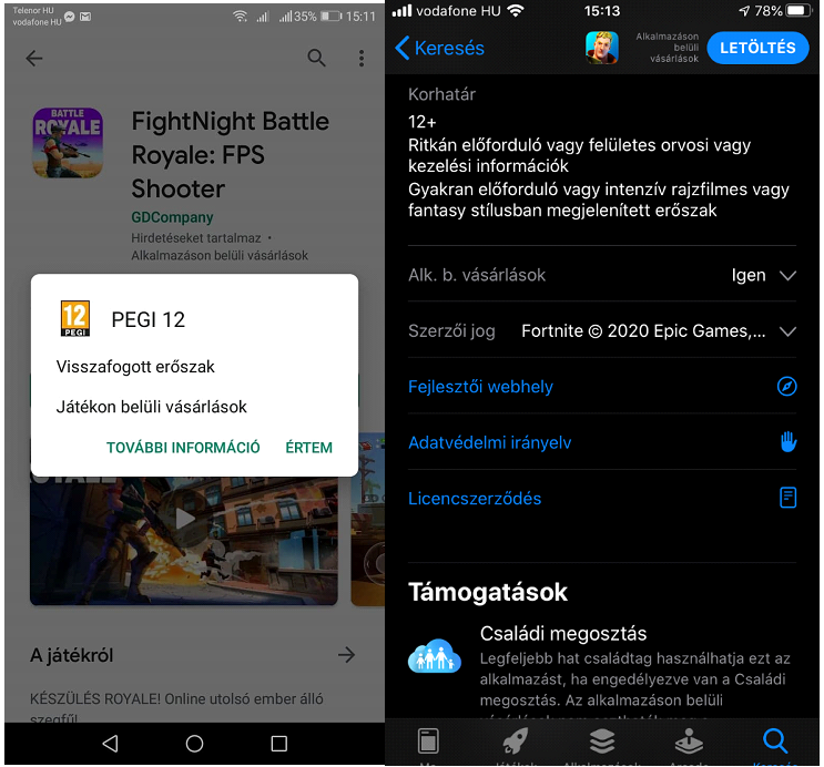 Appok besorolása IOS App Store-ban és Play Áruházban