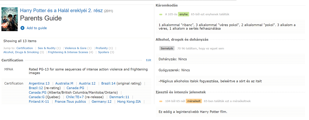 A Harry Potter 2. részének oldala az IMDB Parents Guide-on: az oldal kitér a káromkodásokara és a káros szenvedélyek látványára is
